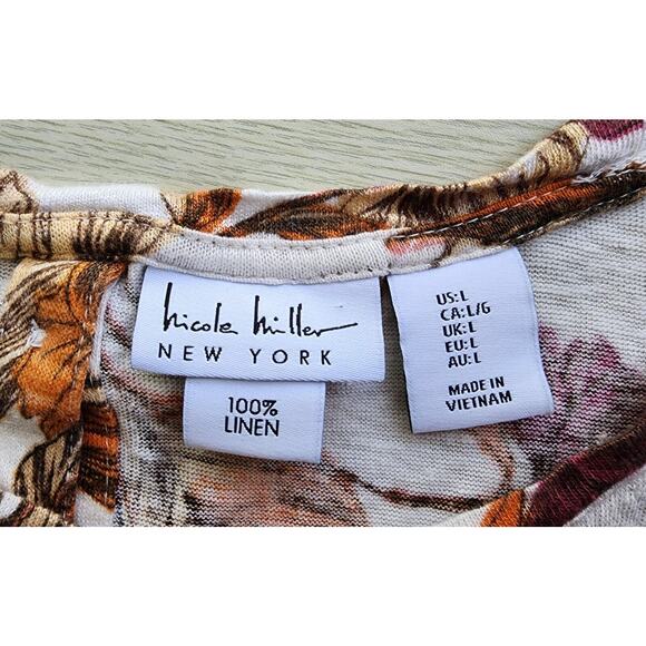 TOP/BLOUSE-NICOLE MILLER-Linen-Fall Floral Colors-Button Back-Short Sleeves-LRG - Picture 7 of 12